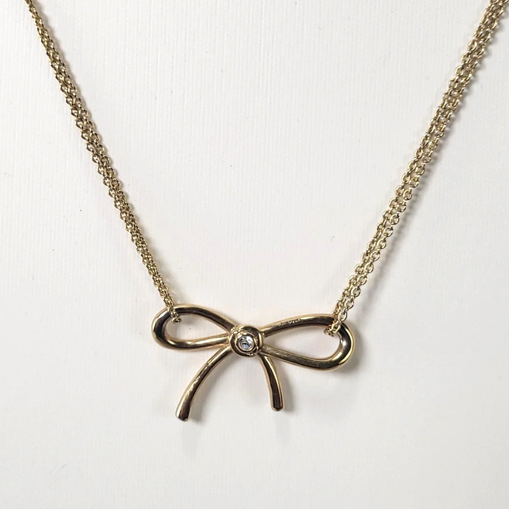 Kate Spade Ribbon Bow Necklace Women Gold Tone Crystal Accent Double Strand